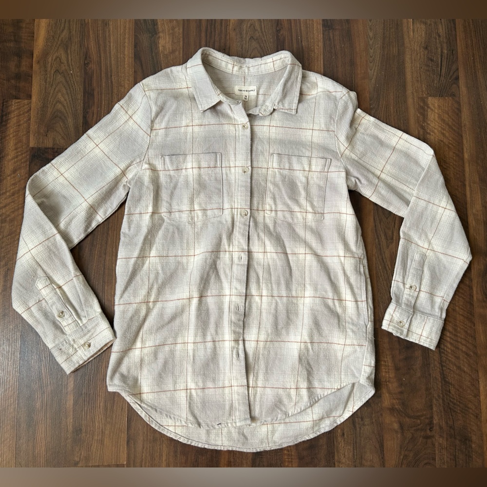 Thread & Supply Gray, White, and Brown Plaid Shirt | M